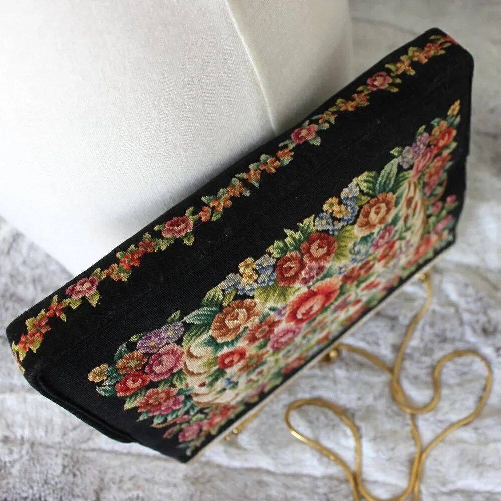 Vintage Style Petite Needlepoint Point Embroidery Handbag Gold Strap Purse